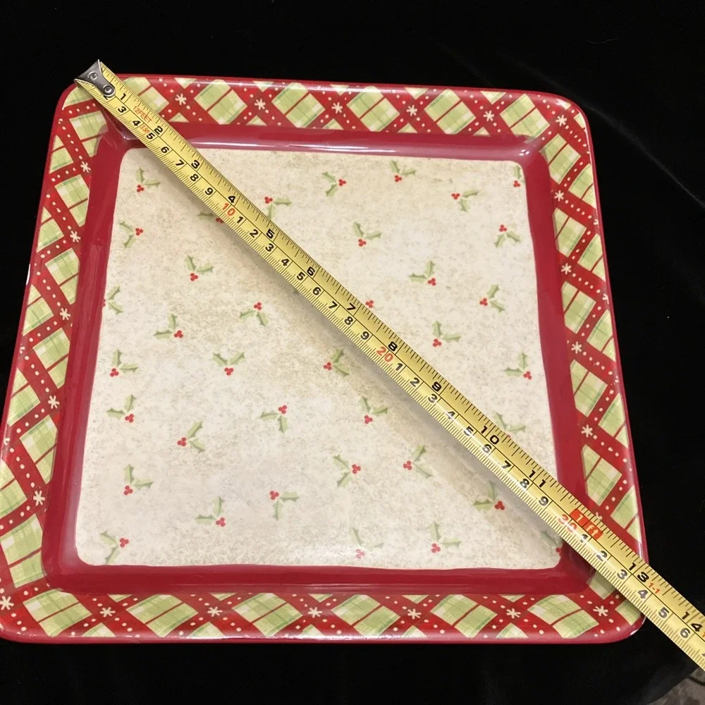 Debbie Mumm JoAnn 2008 Holly Berries Square Porcelain Serving Platter Plaid Chip